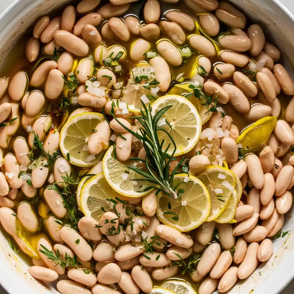 Leckere und nahrhafte ayurvedische weiße Bohnen mit Rosmarin, ein gesundes, veganes und erfrischendes vegetarisches Gericht.